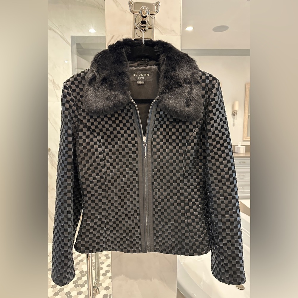 St. John Black Woven Genuine Leather and Suede Light Jacket Small